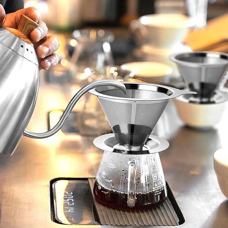 Kaffeefilter – Wiederverwendbar – Kaffeefilterhalter – Nachhaltig – Edelstahl – Küchenutensil – 14,5 x 9 cm – Silber (1/5)
