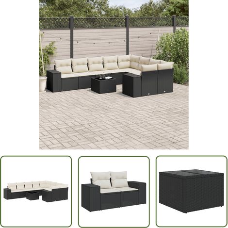 The Living Store 10-tlg. Garten-Sofagarnitur mit Kissen Schwarz Poly Rattan - Gartenmöbel - Esstischgarnituren - Outdoor Möbel - Lounge Set - Rattan Gartenmöbel (1/5)