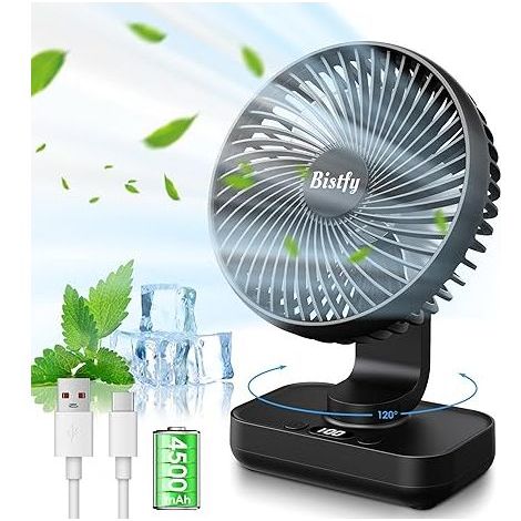 Ventilateur Oscillant 120° Inclinaison 90° 4 Vitesses Réglables 3.2–4.6 m/s Batterie 4500mAh 16h Autonomie Charge Rapide 2A Écran LED Idéal Bureau Chambre Enfants 5.5" Noir -
