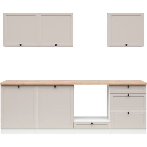 Cuisine complète 240 cm,Ensemble de meuble de cuisine coloris Blanc / cachemire, plan de travail coloris Chêne doré inclus (1/5)