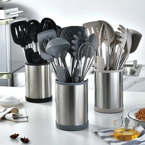 TrAdE Shop Traesio - Set 12pz Utensili Da Cucina Mestoli In Silicone Acciaio Antiaderente Portaposate Girevole - (1/5)
