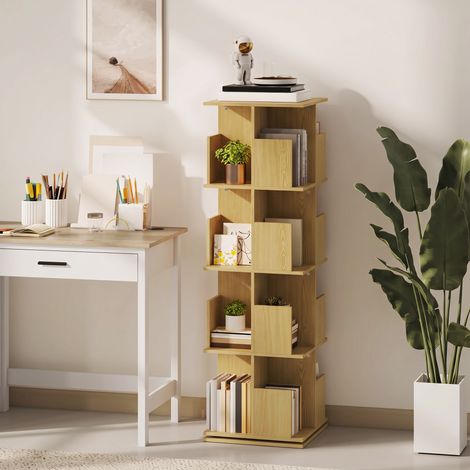 Bibliothèque Rotative 360° 4 Niveaux, Rangement Livres, 39x39x128,3 cm, Chêne (1/5)