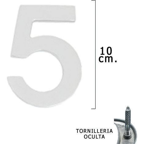 Métal Chiffre "5" Argent Mat 10 cm. avec vis cachées (Blister 1 pièce)