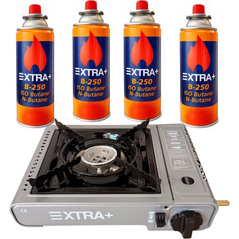 Pack Cocina Camping Gas DUAL + 4 Cartuchos B-250  Compatible Botella Butano y Cartucho  Hornillo Portátil con Maletín