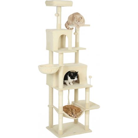 Arbre à chat beige 60x48x202 cm avec plateforme, tour d'escalade, couchage, niches et poteaux en sisal, accessoire design sobre pour intérieur pratique et grand format