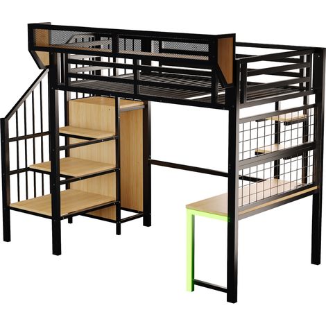 Cama alta de metal 90 x 200 cm con escritorio, estantería, LED y enchufe, negra (1/5)