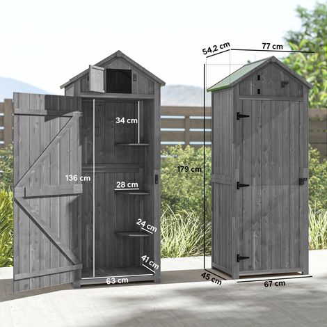 Abri de jardin en bois Outsunny, résistant aux intempéries, 77 x 54,2 x 179 cm, avec porte, toit à pignon, armoire à outils avec étagères, idéal pour le jardin et la terrasse, gris et vert. (1/5)