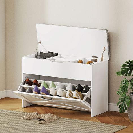 Finition blanche - Banquette d’entrée avec siège lavable, porte à rabat et étagères, rangement 8 paires, pour le salon et la chambre (1/4)