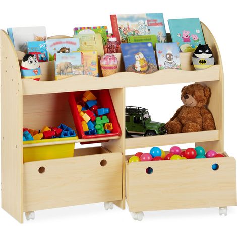 Relaxdays Portagiochi Bambini, Scaffale Libreria, Portaoggetti in Plastica, MDF, H x L x P: 88 x 108 x 29 cm,simil legno (1/5)