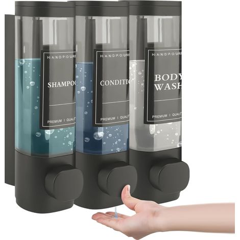 Distributeur mural 3 têtes sans perçage gris salle de bains savon shampoing (1/5)