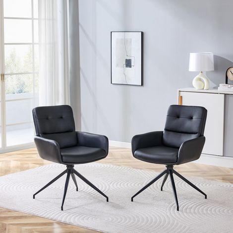 [Lot de 2] Chaise pivotante européenne au design luxueux et léger : revêtement PU noir + pieds en métal noir, pivotement acoustique à 360°, lot de 2 pour salles à manger / espaces de détente. (1/5)