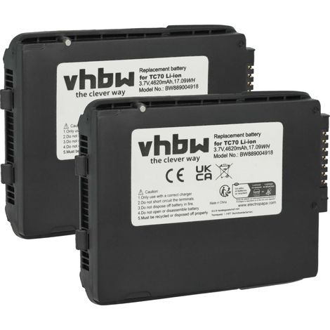 vhbw 2x batería compatible con Zebra TC72, TC720L, TC75, TC55, TC70, TC700H, TC700K, TC70X escáner códigos de barra, TPV (4620 mAh, 3,7 V, Li-Ion)