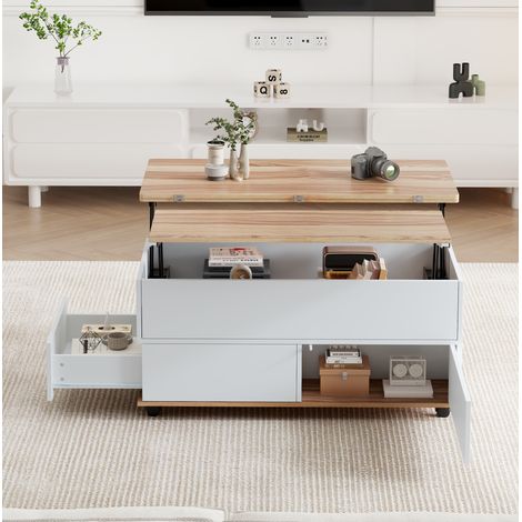 Table basse relevable avec roulettes, tiroir et rangement, 100x98x65 cm, blanc et bois naturel (1/5)