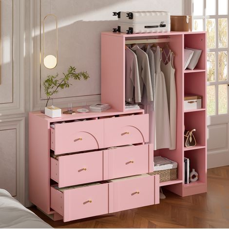 Armadio multifunzione aperto 139x35x133 cm con 6 cassetti e ripiani laterali, per camera - rosa (1/5)