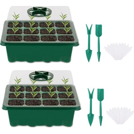 Lot de 2 Plateaux de semis, Dôme humidité réglable, Kit germination 12 cellules, Outils transplantation, Étiquettes plantes