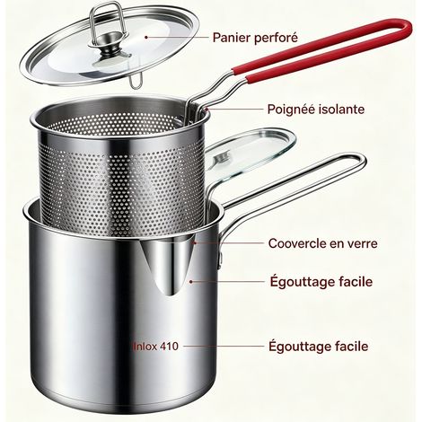 Casserole à frire en inox 410 1,7 L, ensemble avec panier de friture et couvercle, faitout pour cuisson rapide, cuisine maison - Inox (1/5)