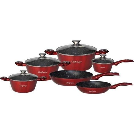 Set de cuisine 10 pièces - GENERIC - Rouge - Revêtement en marbre - Compatible induction - Poignées ergonomiques (1/4)