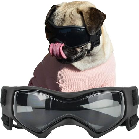 Lunettes de soleil pour chiens de petite race, protection UV, coupe-vent, monture souple, sangles réglables, pour chiots de petite et moyenne taille (noir) (1/5)