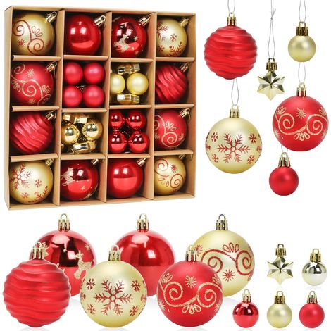 CCYKXA 44-teiliges Set Weihnachtskugeln, rote und goldene Weihnachtskugeln, Weihnachtsbaumschmuck aus Kunststoff, Christbaumkugeln und Sterne, hängender Baumschmuck (1/5)