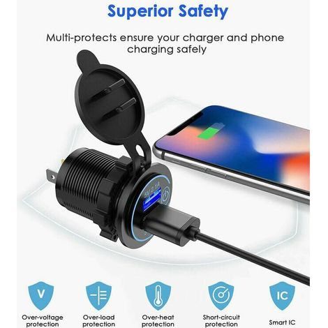 Schneller USB-Kfz-Ladeadapter mit zwei QC3.0-USB-Anschlüssen, 5 V, wasserdicht, mit digitaler LED-Voltmeteranzeige für Motorrad, Wohnwagen, LKW, Boot und mehr (1/4)