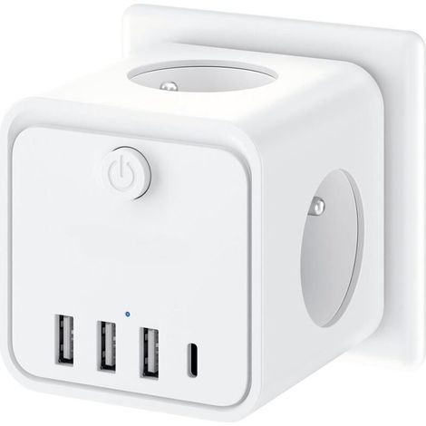 7 en 1 Multiprise Murale, Multiprise avec 3 Prises Franaise, Prise Multiple Secteur avec 1 Type C et 3 Ports USB, Multiprise Cube (1/5)