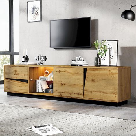 MODFU – Mobile TV 180x35x45 cm in MDF con 2 cassetti, 2 ante e nicchia in vetro, LED tramite app e carico 25 kg – Naturale/nero (1/5)