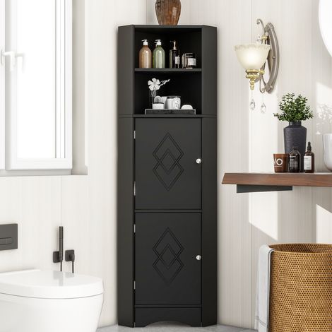Eck-Badschrank 36.5x36.5x155 cm schwarz aus Holzwerkstoff mit offenen Fächern, verstellbarem Einlegeboden und Schranktür (1/5)