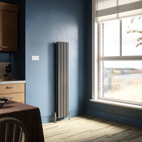 ELEGANT 1600 x 300 mm Anthracite Vertical Column Radiator Low Carbon Steel Radiator Double Flat Panel Designer Radiator + Chrome Thermostatic Radiator Valves (1/5)