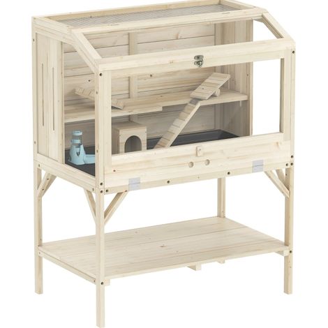 CHICFURN Gabbia per criceti 84 x 53 x 110 cm in legno naturale a 2 livelli con vano contenitore (1/5)