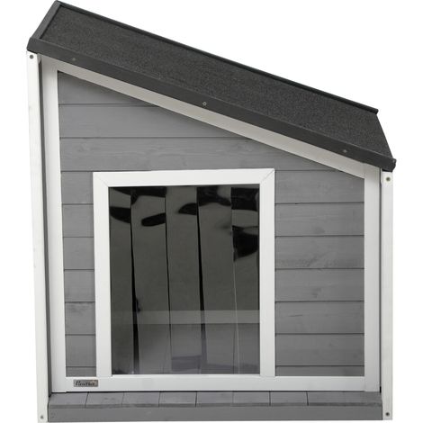 Niche pour chien en bois massif, résistante aux intempéries, toit en asphalte, 71 cm x 58 cm x 77 cm, gris et blanc