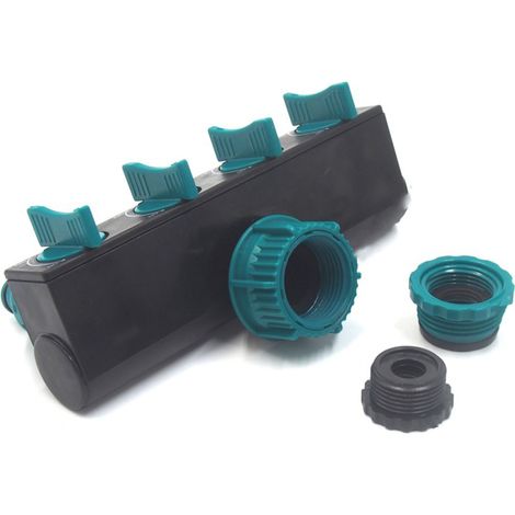 4-Wege-Wasserverteiler aus ABS, grün/schwarz, für Gartenbewässerung und -reinigung mit 33 mm/25 mm/20 mm Einlässen und 16 mm/25 mm Auslässen (1/5)