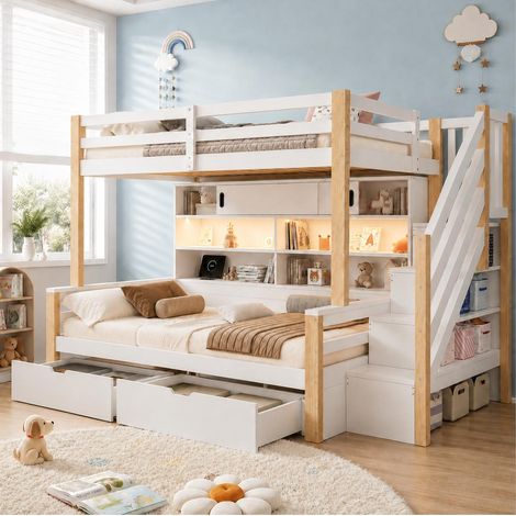 Lit superposé enfant 90 x 200 cm avec escalier rangement, LED et USB, blanc naturel (1/5)