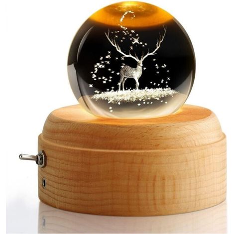 Rotating wooden music box, 3D crystal ball, with warm light projection function, rotating crystal ball, birthday gift, Christmas gift (reindeer) (1/5)