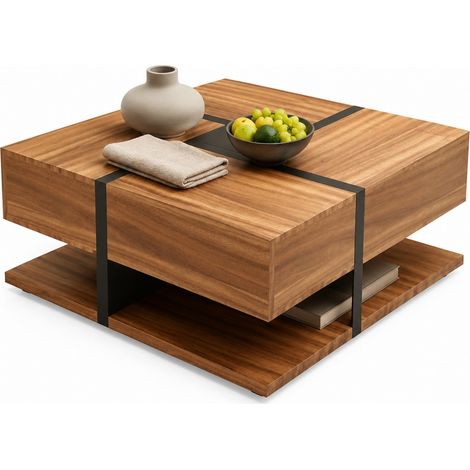 Mesa de centro cuadrada con 4 cajones 78 x 78 x 36 cm en aglomerado efecto madera natural (1/5)