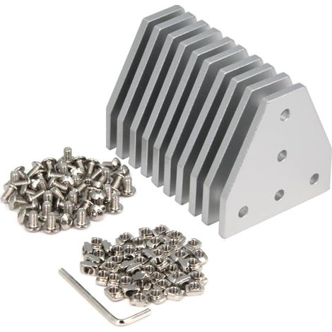 Lot de 10plaques d'angle argentées en forme de T avec 50vis+50écrous en T, plaque de joint à 5 trous à 90 degrés pour profilé en aluminium série 2020(10pièces en T argenté avec écrou) (1/5)