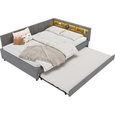 Lit banquette 140x200 cm avec lit gigogne, ports USB et Type C, LED multicolore, rangements de chevet, gris, sans matelas - CHICFURN (1/5)