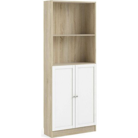 Dmora - Libreria Michel, Scaffale da ufficio, Mobile portalibri, Biblioteca, 79x28 h203 cm, Quercia e Bianco (1/5)