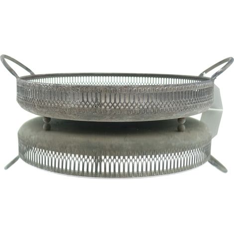 POSIWIO Pflanzentablett Grau Vintage Stil 2 Griffe Ø 29,5 cm - Metall verzinkt (1/2)