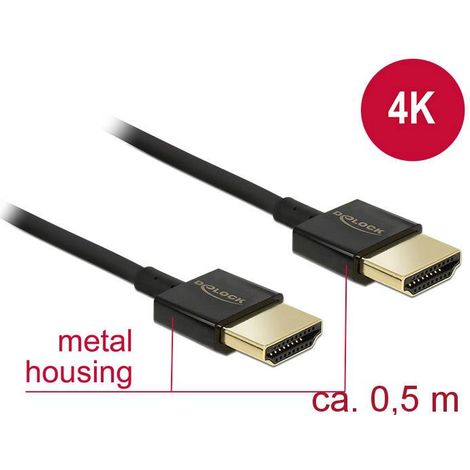 Câble de raccordement Delock HDMI Fiche mâle HDMI-A, Fiche mâle HDMI-A 0.50 m noir 84786 4K UHD, contacts dorés Câble HDMI C697971