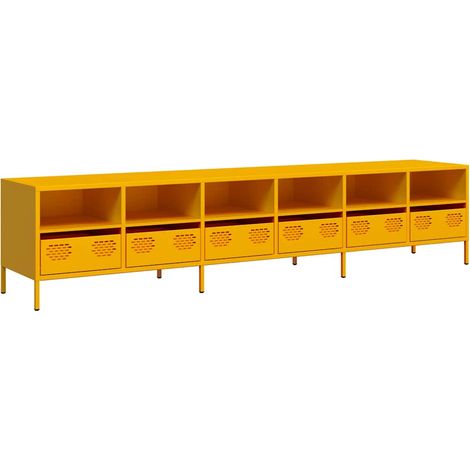 Meuble TV moderne avec grand espace de rangement 202 x 39 x 43 cm en acier laminé à froid jaune moutarde
