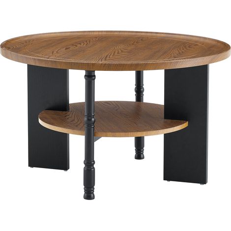Set de 2 tables basses rondes en bois de fibres avec pieds en PVC, 80 cm avec rangement et 38 cm, couleur noyer et noir (1/5)