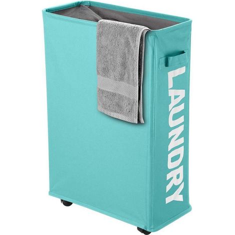 Schmaler Wäschesammler mit Rollen, faltbar, 40L, Blau (1/5)