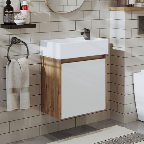 Mini Cloakroom Vanity Unit with Basin, Oak Effect and White (1/4)