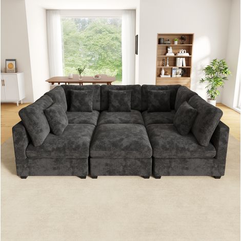 Sofá esquinero modular XXL (6-7 plazas) con cama, otomana móvil con espacio de almacenamiento, bolsillos en los reposabrazos, chenilla - gris (1/5)