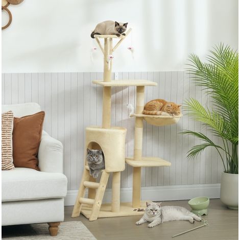 Arbre à chat avec niche, 134 cm, 4 jouets, escalier, beige HAVRYA (1/3)