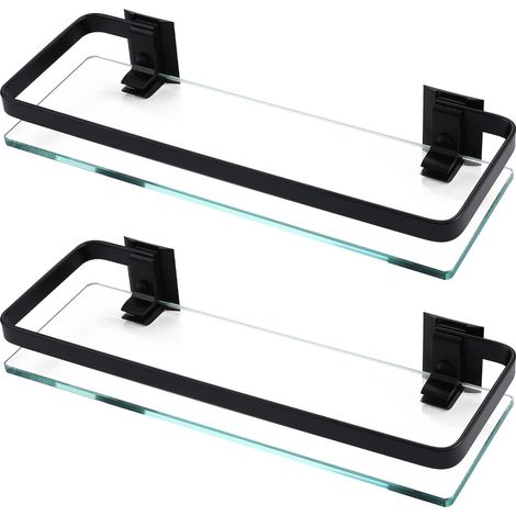 Etagere en Verre de Salle De Bains Aluminium Etagere Murale Tablette Douche 8MM Extra Épais en Verre Trempé Rectangulaire 2 Pack Noir, A4126A-BK-P2 (1/5)