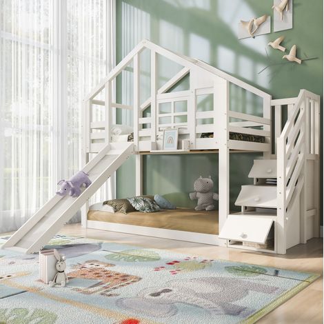 Lit superposé cabane 140 x 200 cm enfant blanc avec toboggan et rangements, 2 couchages (1/5)