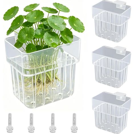 Set di 4 supporti trasparenti per piante d'acquario, 8 x 8 x 5,7 cm, cestini per coltivazione idroponica, mini ganci in plastica per piante d'acquario, aquascaping (1/5)