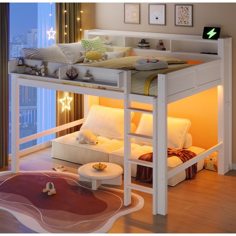 Letto a soppalco moderno in legno bianco 140x200 cm con scrivania, 3 armadietti, LED e scala integrata