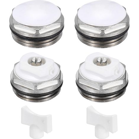 PATIKIL 2 ensembles de valves manuelles de purge d'air pour radiateur avec filetage mâle 3/4" BSP et clé, bouchon en laiton nickelé pour radiateur chauffage, couleur argenté/blanc (1/5)